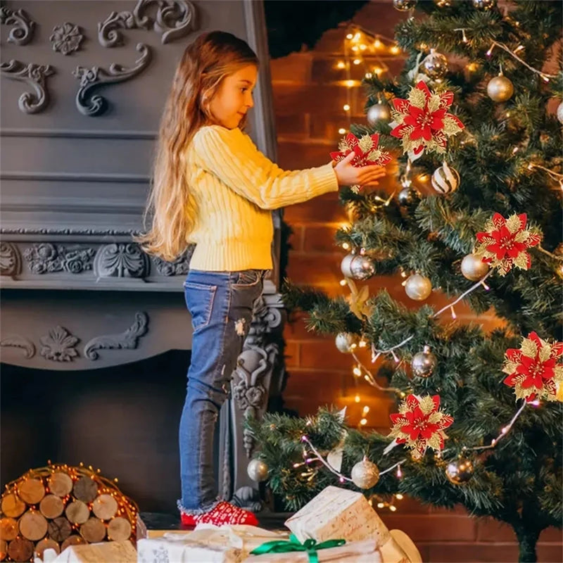 Set of 5/10 Glitter Christmas Poinsettia Ornaments – 14.5cm Artificial Flowers for Tree & Home Décor (Pink, Red, Gold)