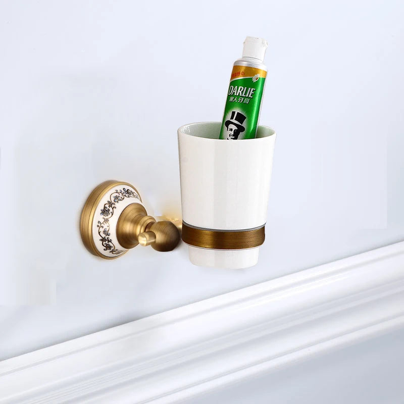 Vintage Brass & Porcelain Bathroom Accessory Set – Elegant European Retro Collection