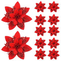 Set of 5/10 Glitter Christmas Poinsettia Ornaments – 14.5cm Artificial Flowers for Tree & Home Décor (Pink, Red, Gold)