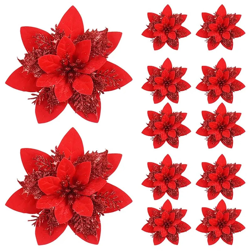 Set of 5/10 Glitter Christmas Poinsettia Ornaments – 14.5cm Artificial Flowers for Tree & Home Décor (Pink, Red, Gold)