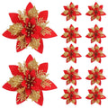 Set of 5/10 Glitter Christmas Poinsettia Ornaments – 14.5cm Artificial Flowers for Tree & Home Décor (Pink, Red, Gold)