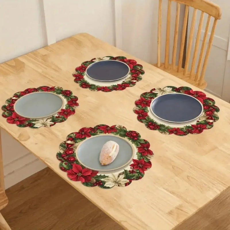 Set of 4 Christmas Round Placemats – Non-Slip, Heat-Resistant Table Mats for Festive Dining & Winter Parties