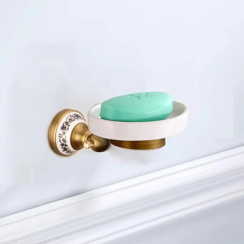 Vintage Brass & Porcelain Bathroom Accessory Set – Elegant European Retro Collection