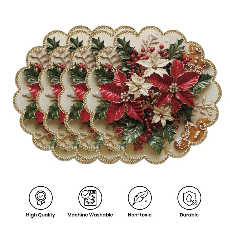 Set of 4 Christmas Round Placemats – Non-Slip, Heat-Resistant Table Mats for Festive Dining & Winter Parties
