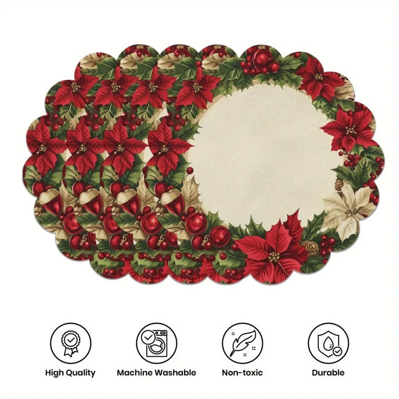 Set of 4 Christmas Round Placemats – Non-Slip, Heat-Resistant Table Mats for Festive Dining & Winter Parties