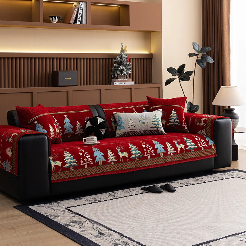 Christmas Chenille Sofa Cover – Festive Tree & Deer Pattern, Non-Slip Universal Fit