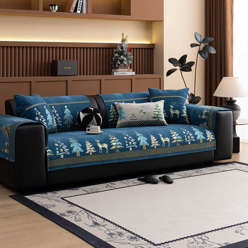 Christmas Chenille Sofa Cover – Festive Tree & Deer Pattern, Non-Slip Universal Fit
