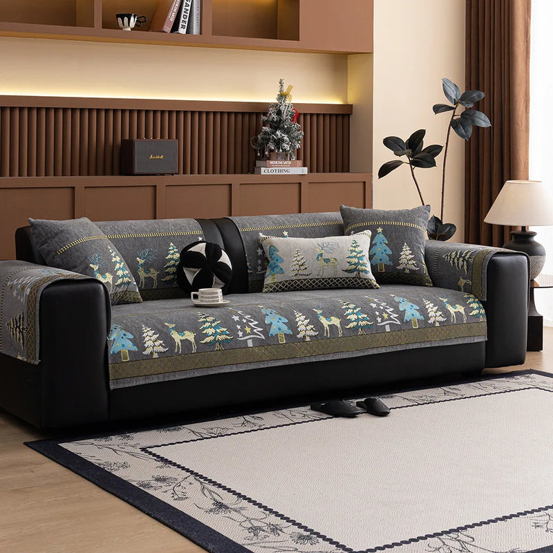 Christmas Chenille Sofa Cover – Festive Tree & Deer Pattern, Non-Slip Universal Fit