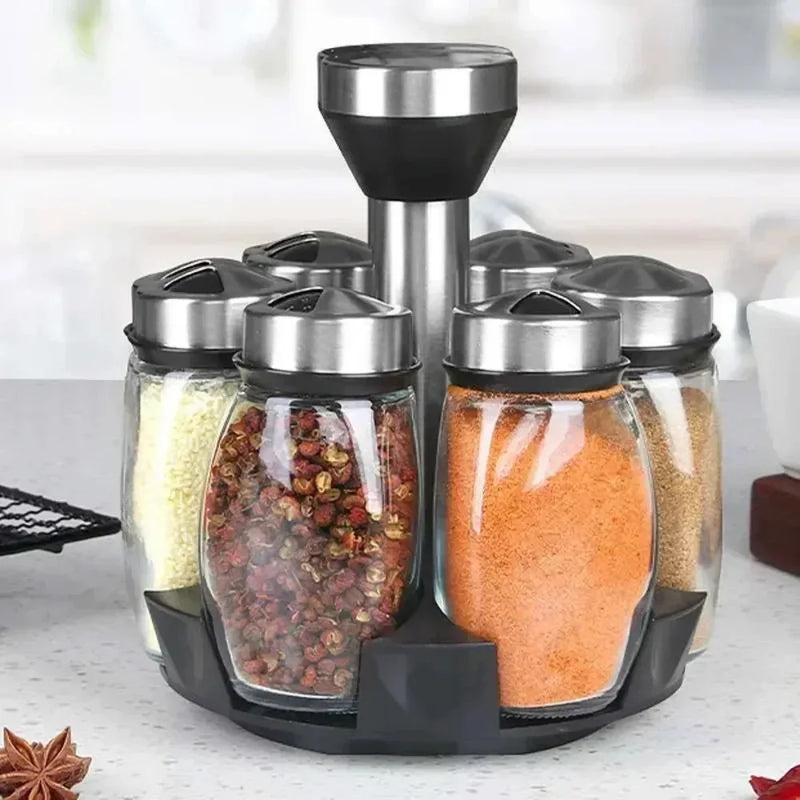Premium 7-Piece Rotating Spice Jar Set – Glass Seasoning & Herb Organizer with Storage Rack