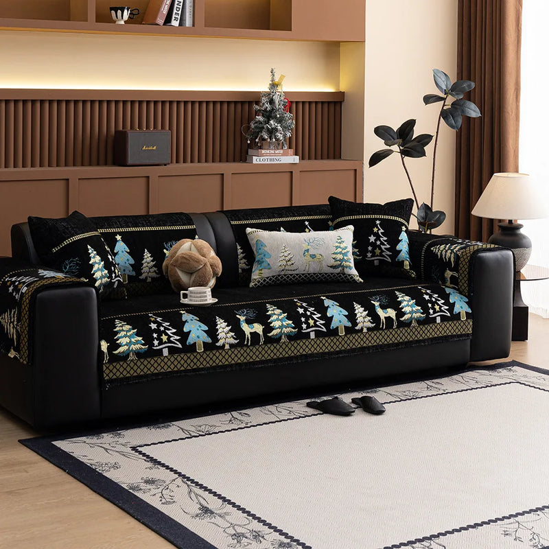 Christmas Chenille Sofa Cover – Festive Tree & Deer Pattern, Non-Slip Universal Fit