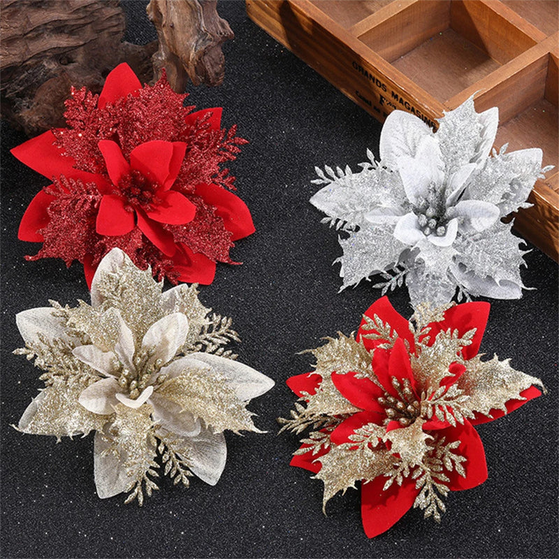 Set of 5/10 Glitter Christmas Poinsettia Ornaments – 14.5cm Artificial Flowers for Tree & Home Décor (Pink, Red, Gold)